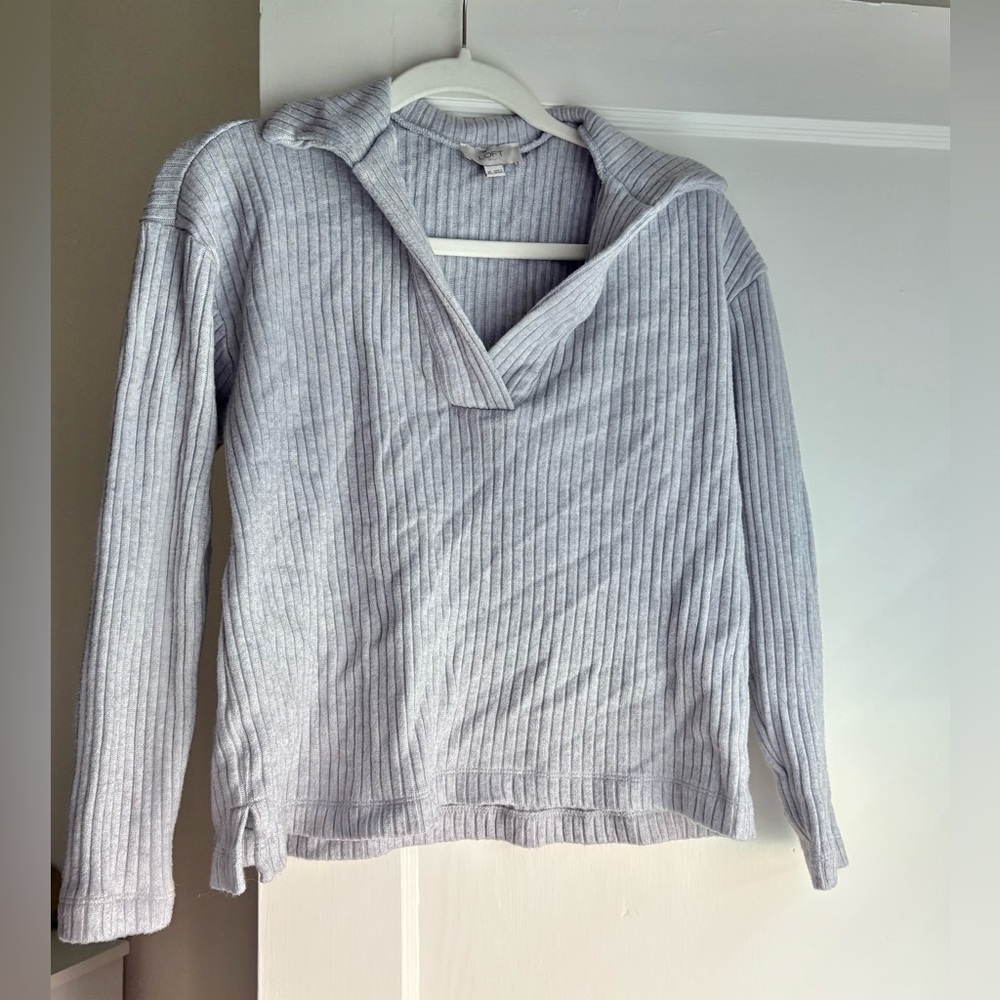 LOFT Gray Collared Sweater with Ribbed Knit